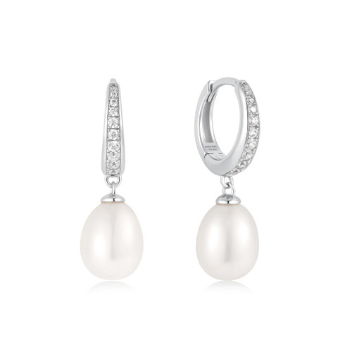 Ania Haie Silver Freshwater Pearl and White Cubic Zirconia Pavé Drop Huggies