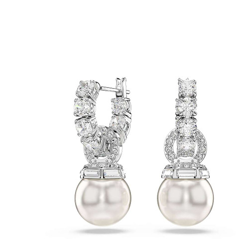 Swarovski Matrix drop earrings, Crystal pearl, White, Rhodium plated